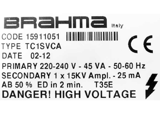 Трансф. поджига газ BRAHMA TC1SVCA 15911051 Prim. 220В/45ВA/50Гц, Sec. 1x15кВ/25мА (заменен на 00050 арт. 5020009 (3-19-1010X) Трансф. поджига газ BRAHMA TC1SVCA 15911051 Prim. 220В/45ВA/50Гц, Sec. 1x15кВ/25мА (заменен на 00050 арт. 5020009 (3-19-1010X)
