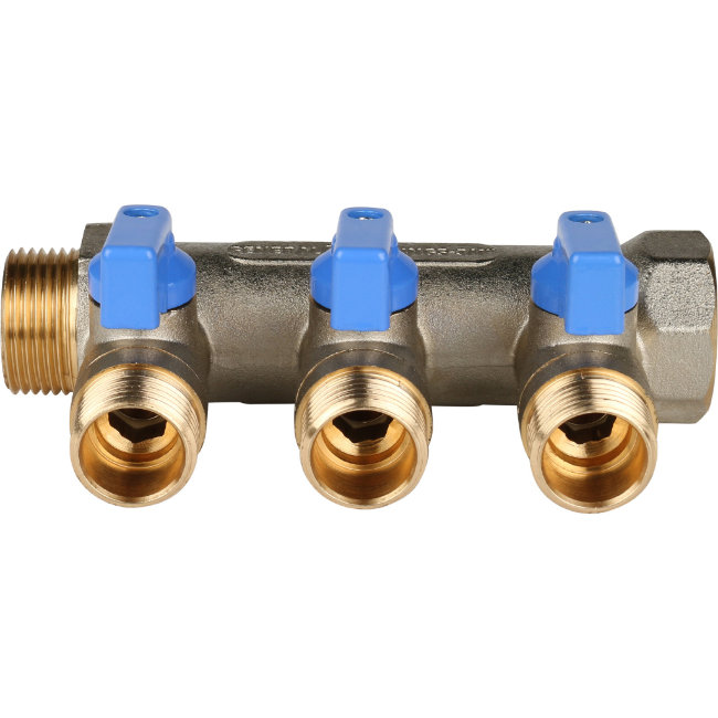 Коллектор 3 отвода с шаровыми кранами STOUT 3/4" 1/2" (синие ручки) (SMB 6201 341203)